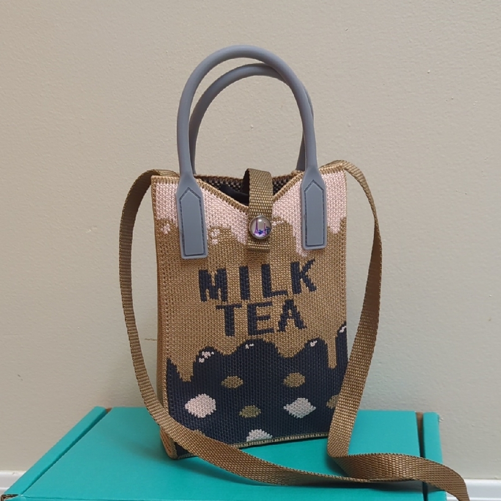 Kitschy Boba Tea Milk  Mini Bag with Gray and Tan Straps